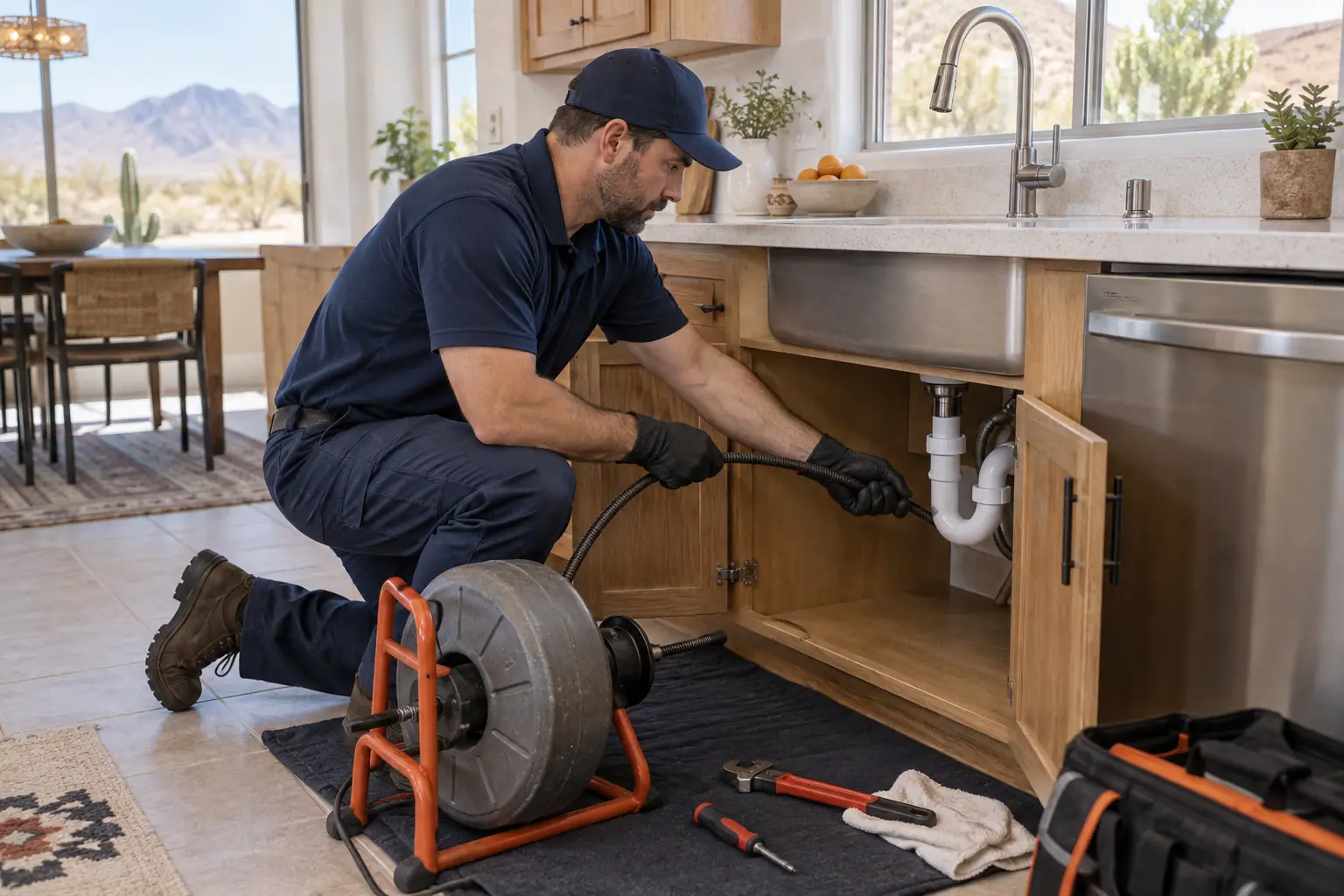 Plumbing technician using drain cleaning equipment on a residential plumbing line