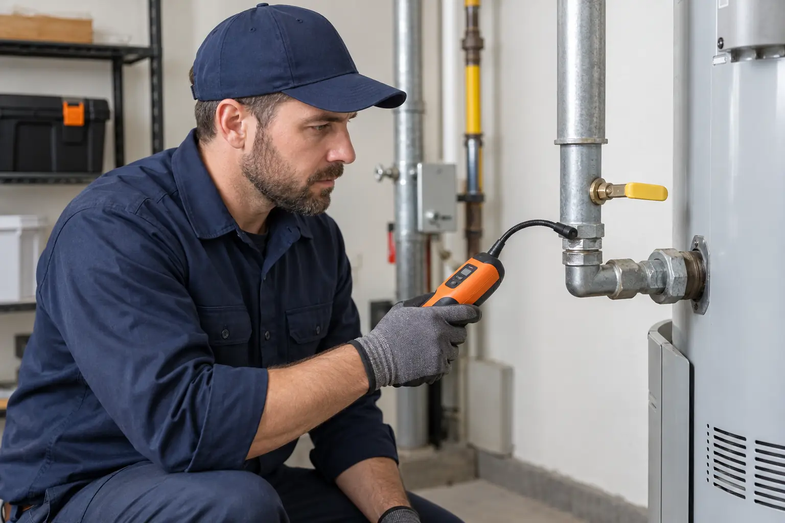Plumbing technician assessing an accessible gas-pipe connection for gas line service
