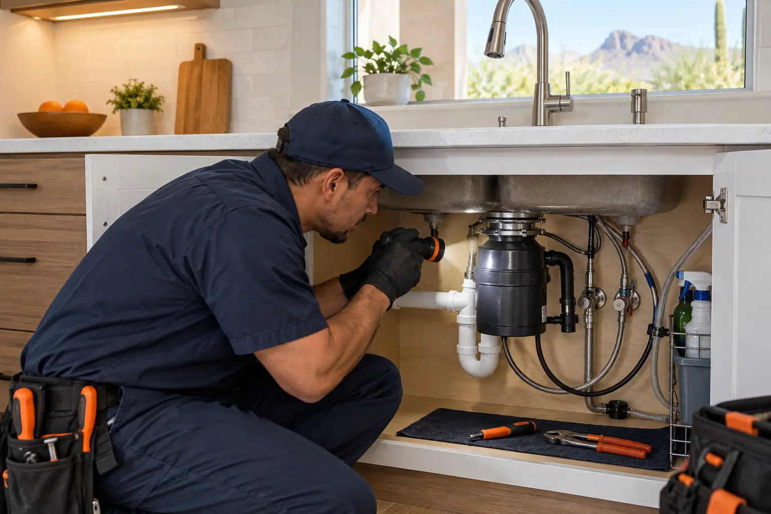 Plumber checking plumbing connections during fixture installation in Pahrump
