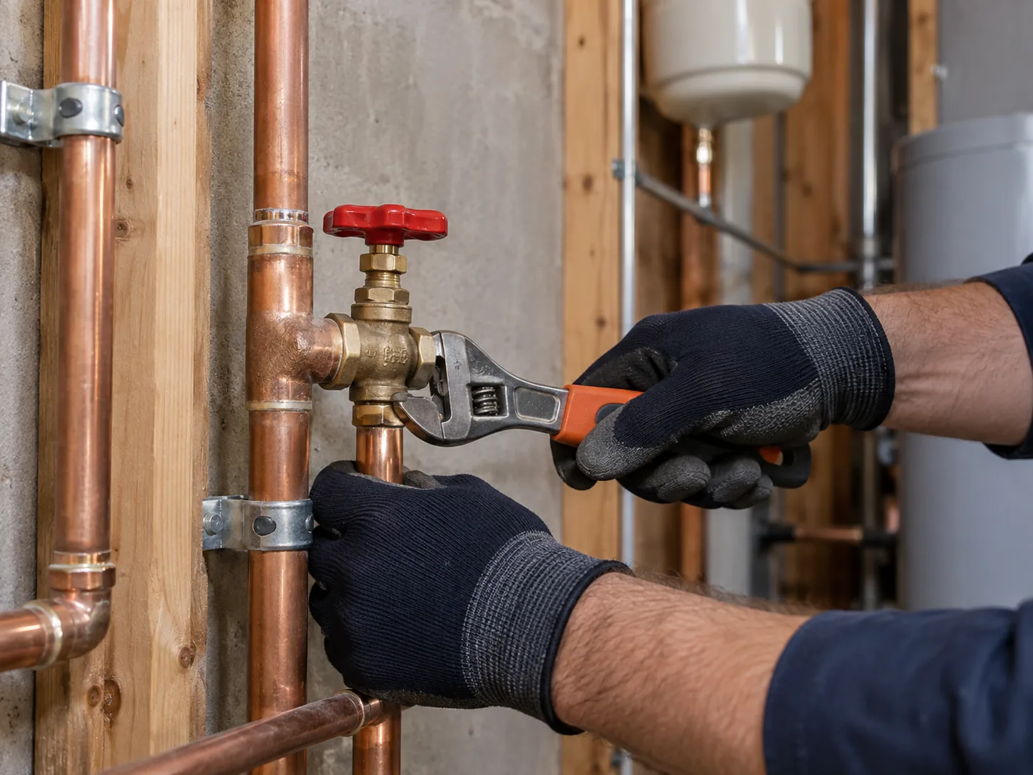Plumbing technician repairing an exposed residential water pipe connection