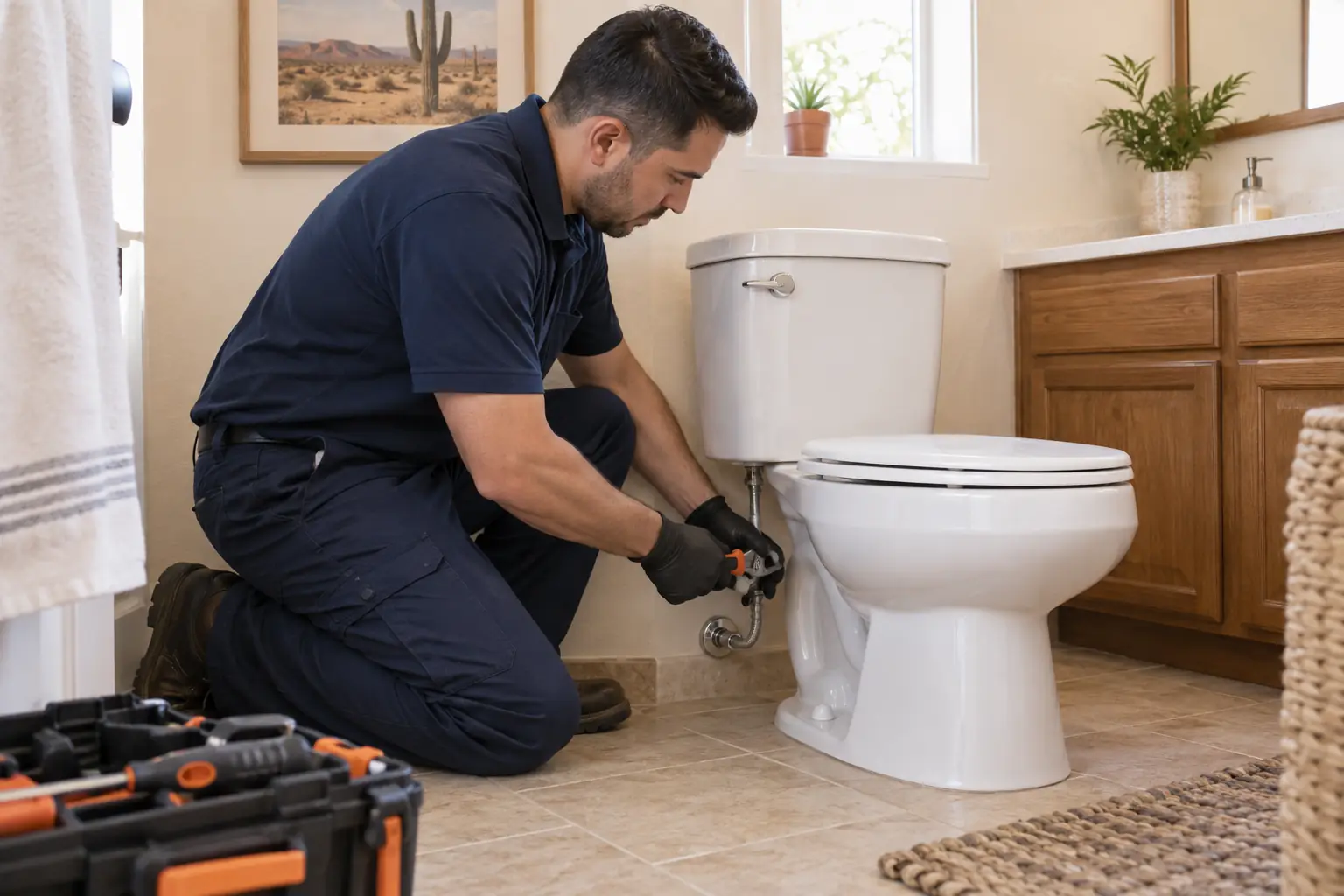 Plumber inspecting toilet components during a repair in Pahrump