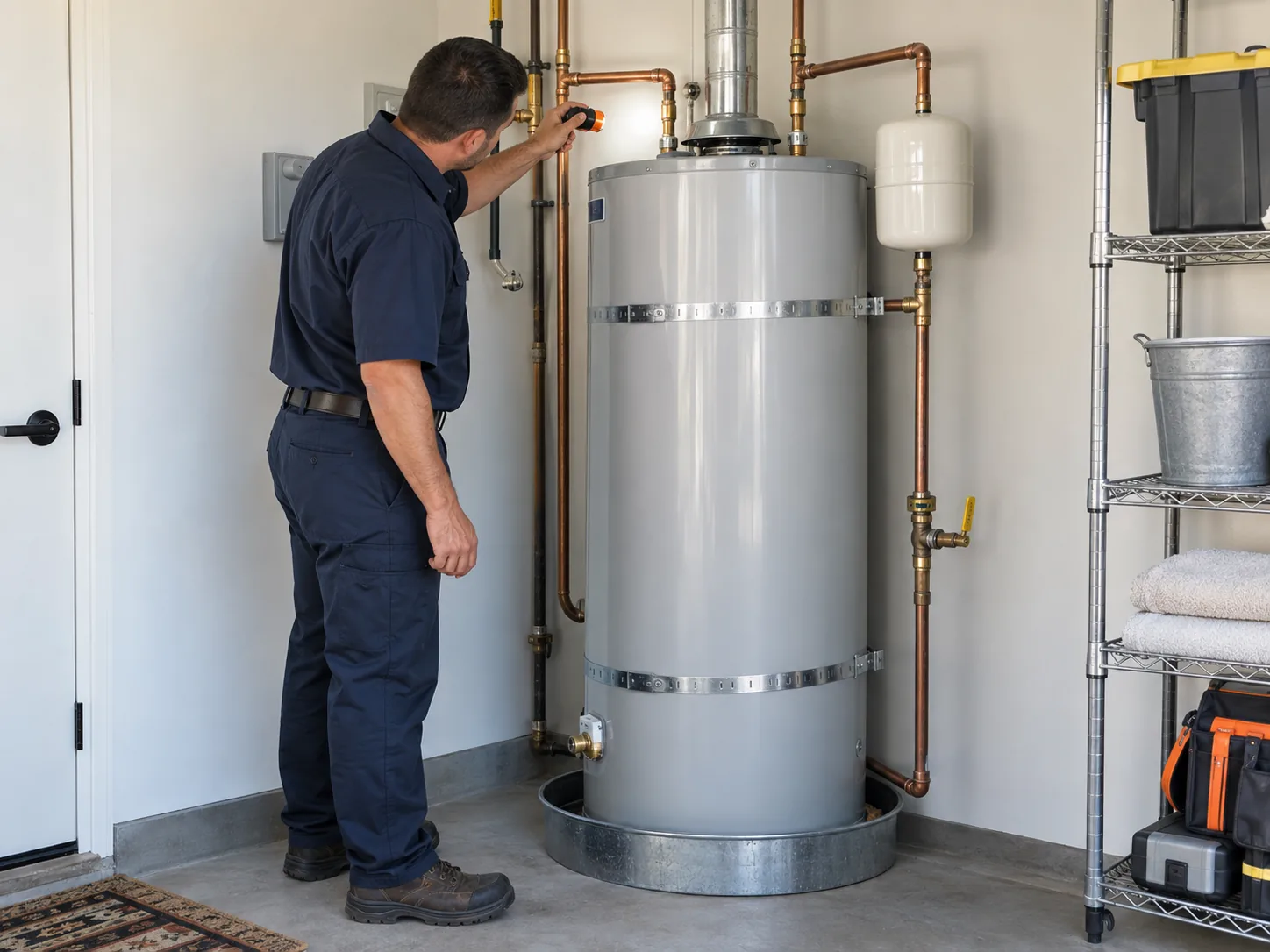 Plumbing technician reviewing a water heater replacement setup in Pahrump